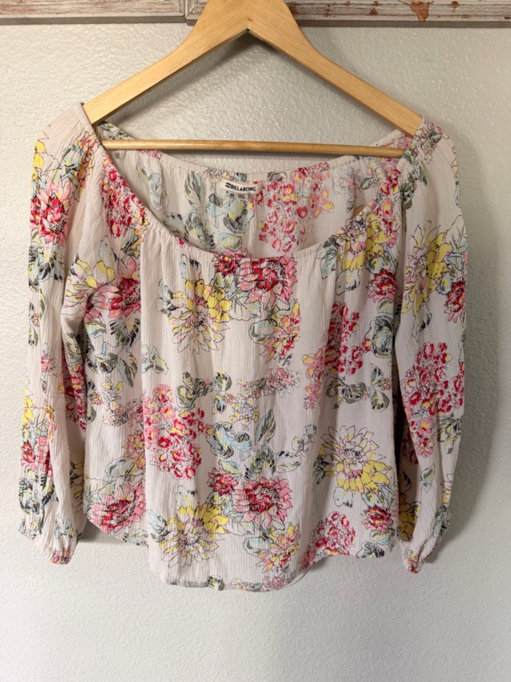 Billabong Light Pink Floral Peasant Blouse with Yellow & Red Accents